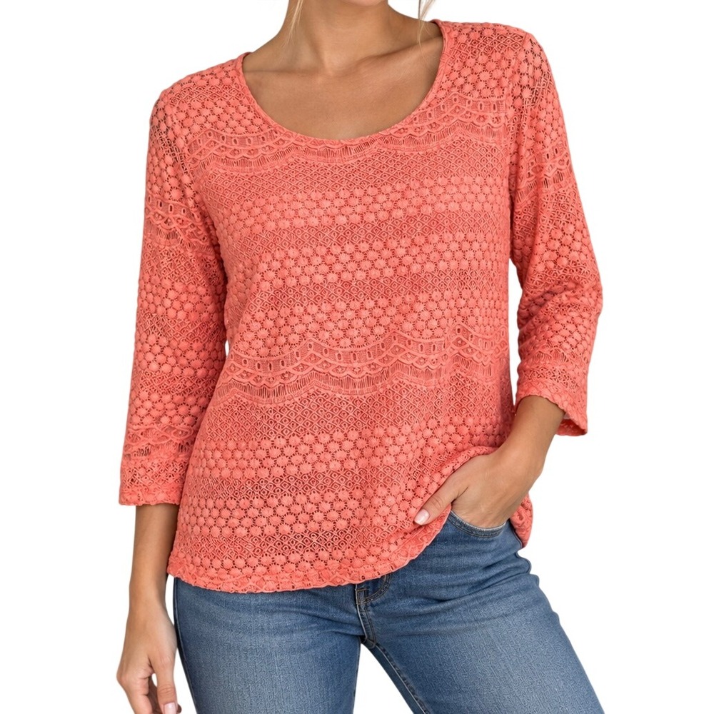 Coral Lace Crochet Boho Top | Womens Petite Large | Romantic Feminine Blouse